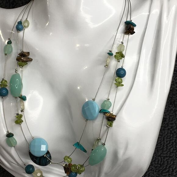 Lia Sophia Multi-Strand Floating Necklace Blue Green Silver Tone - Picture 3 of 15